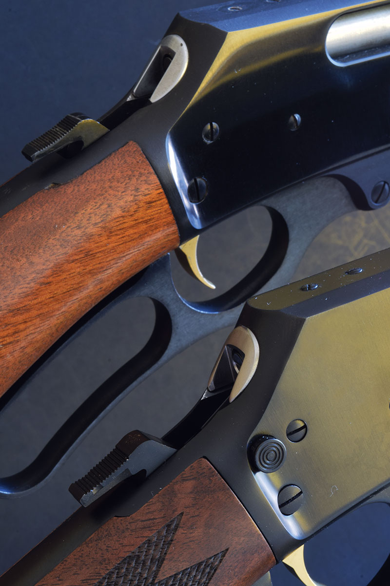 The new, Ruger-built Marlin 336 (foreground) has a crossbolt safety, absent on Marlins before 1984.